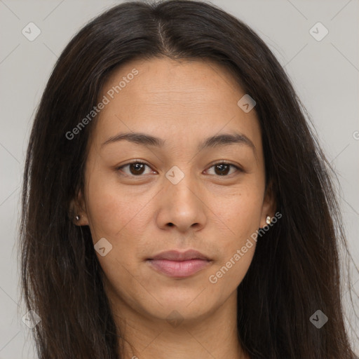 Joyful asian young-adult female with long  brown hair and brown eyes