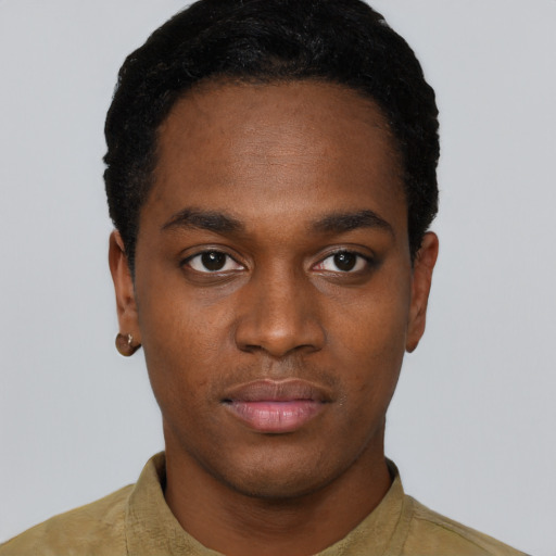 Neutral black young-adult male with short  black hair and brown eyes