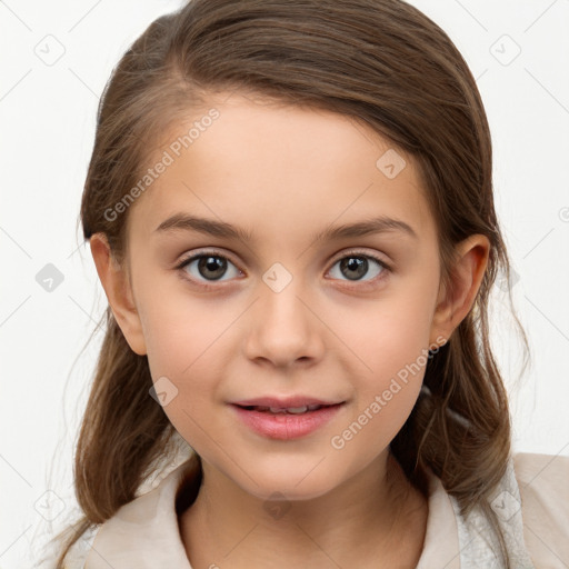 Joyful white child female with medium  brown hair and brown eyes