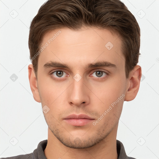 Neutral white young-adult male with short  brown hair and brown eyes