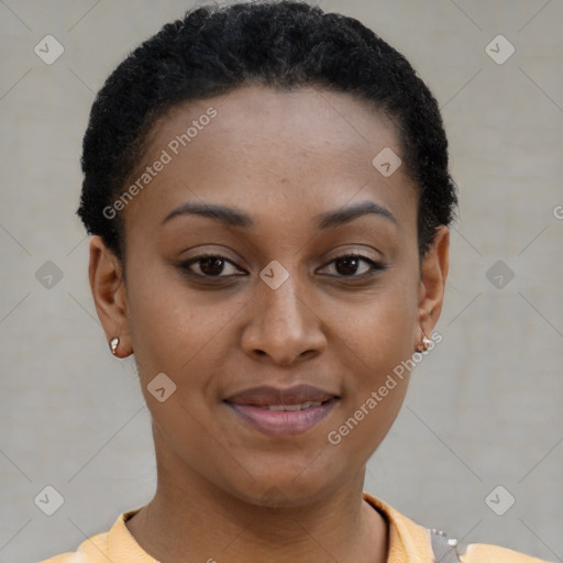 Joyful latino young-adult female with short  brown hair and brown eyes