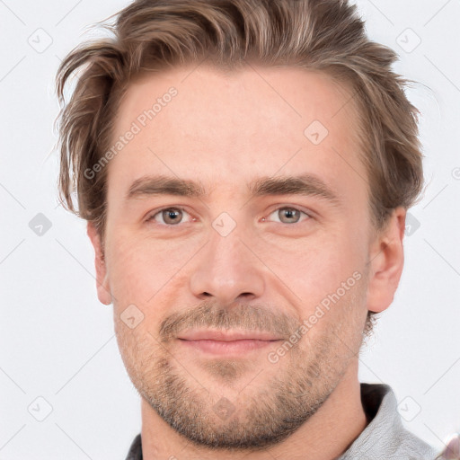 Joyful white adult male with short  brown hair and grey eyes