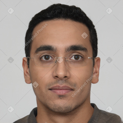 Neutral latino young-adult male with short  black hair and brown eyes