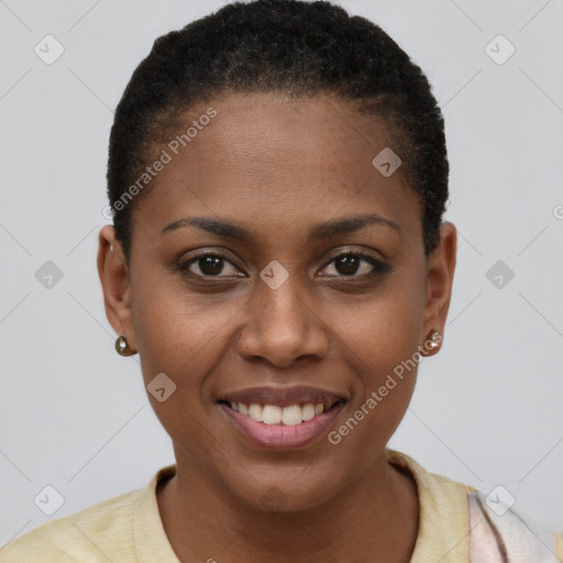 Joyful black young-adult female with short  brown hair and brown eyes