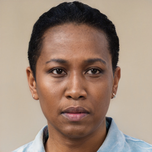 Neutral black young-adult female with short  black hair and brown eyes