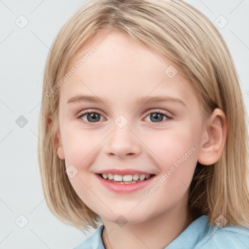 Joyful white child female with medium  brown hair and grey eyes