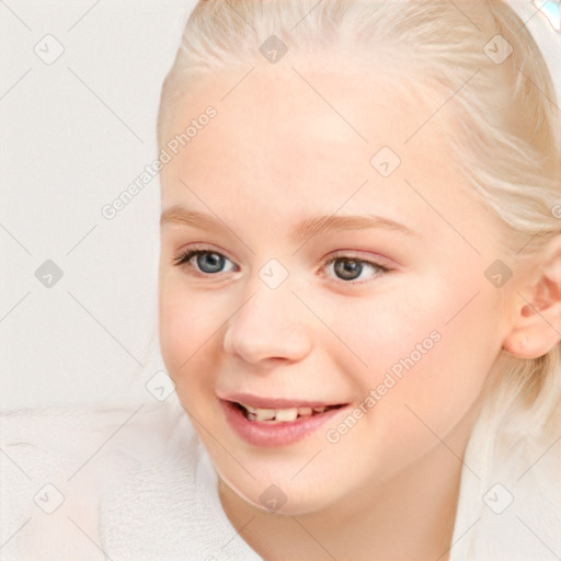 Joyful white child female with medium  brown hair and blue eyes