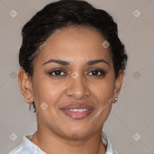 Joyful latino young-adult female with short  brown hair and brown eyes