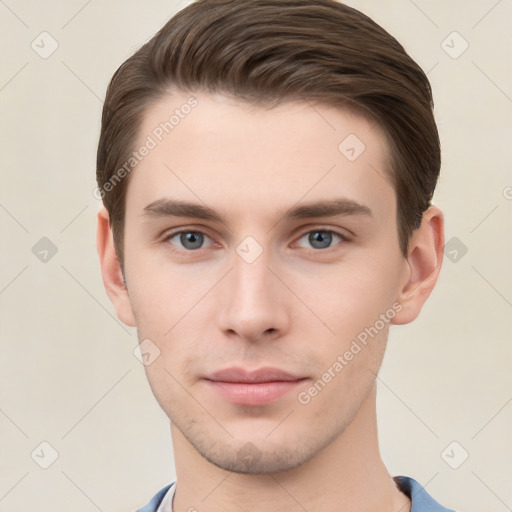 Neutral white young-adult male with short  brown hair and brown eyes