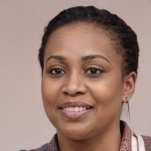 Joyful black young-adult female with medium  brown hair and brown eyes