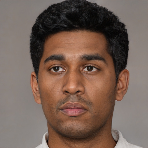 Neutral latino young-adult male with short  black hair and brown eyes