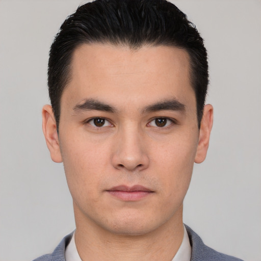 Neutral white young-adult male with short  black hair and brown eyes