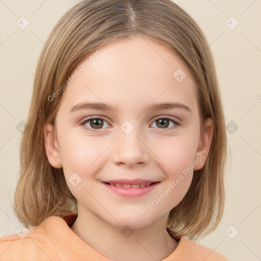 Joyful white child female with medium  brown hair and brown eyes