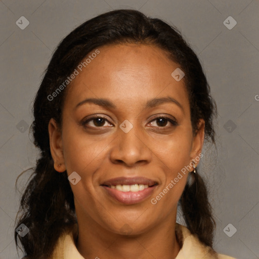 Joyful black young-adult female with medium  brown hair and brown eyes