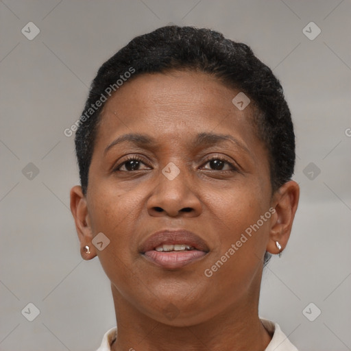 Joyful latino adult female with short  brown hair and brown eyes