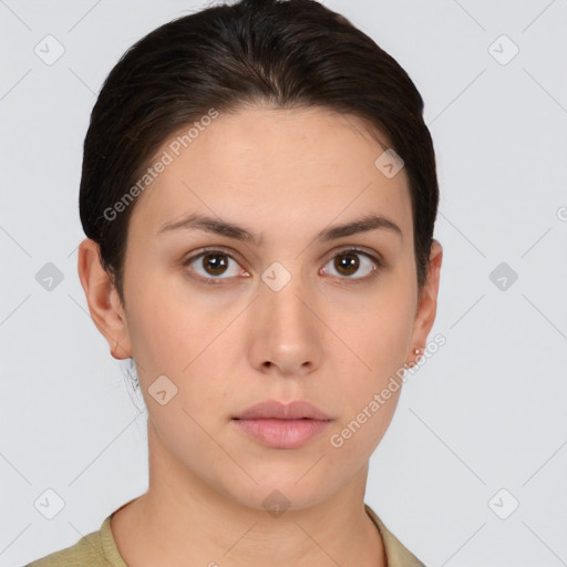 Neutral white young-adult female with medium  brown hair and brown eyes