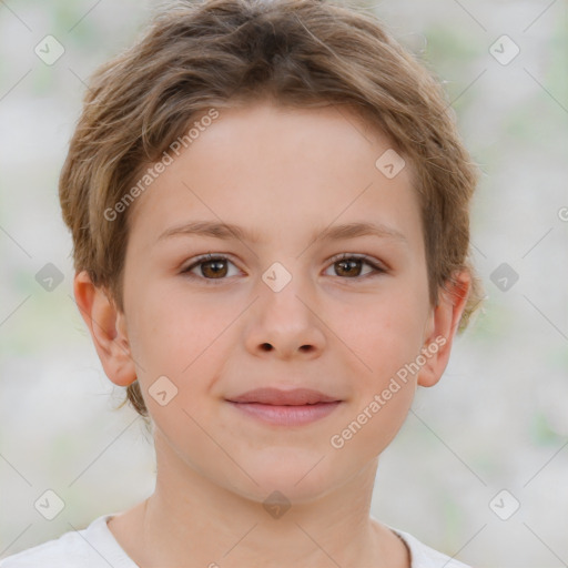 Joyful white child female with short  brown hair and brown eyes