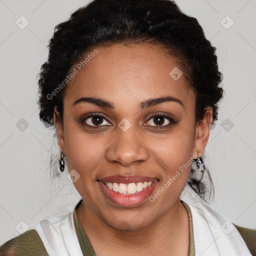 Joyful latino young-adult female with short  black hair and brown eyes