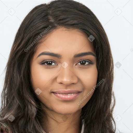 Joyful latino young-adult female with long  brown hair and brown eyes