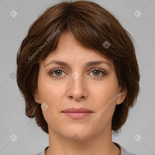 Neutral white young-adult female with medium  brown hair and brown eyes