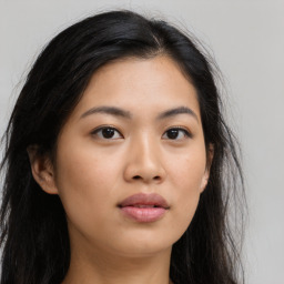 Neutral asian young-adult female with long  black hair and brown eyes