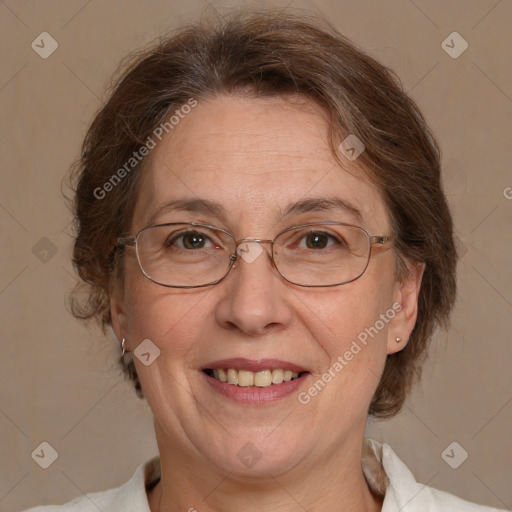 Joyful white middle-aged female with medium  brown hair and brown eyes