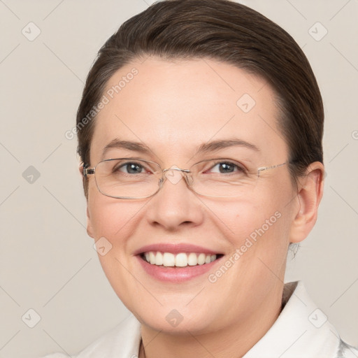 Joyful white adult female with short  brown hair and brown eyes