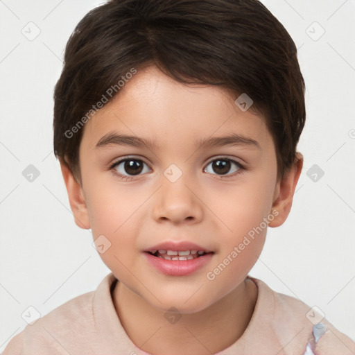 Joyful white child male with short  brown hair and brown eyes