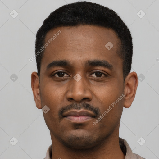 Neutral black young-adult male with short  black hair and brown eyes