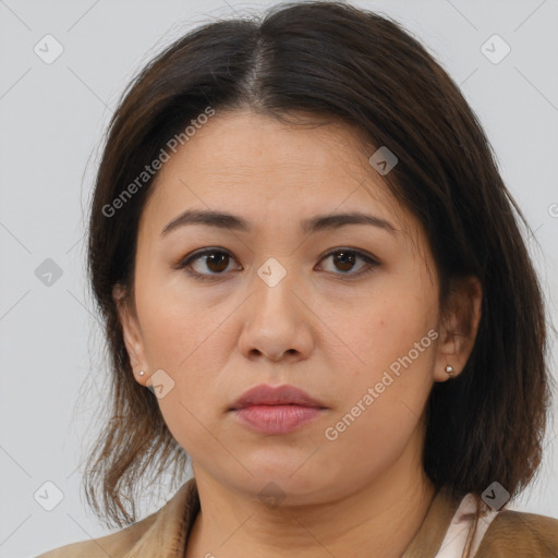 Neutral white young-adult female with medium  brown hair and brown eyes