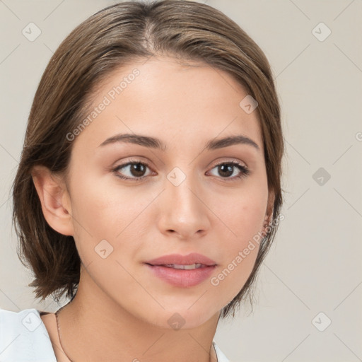 Neutral white young-adult female with medium  brown hair and brown eyes