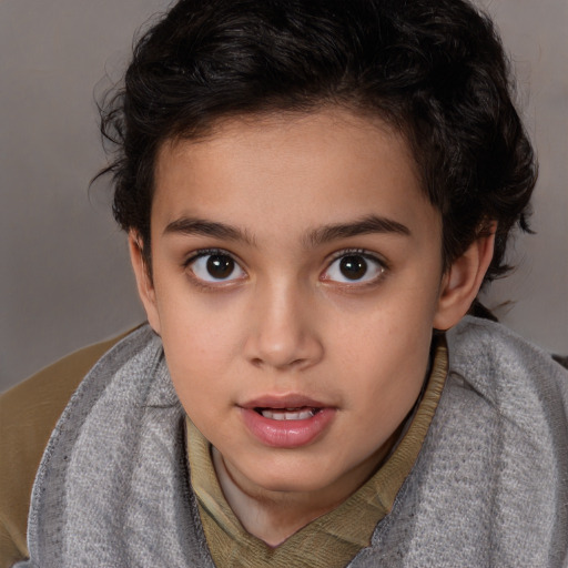 Joyful white child female with medium  brown hair and brown eyes