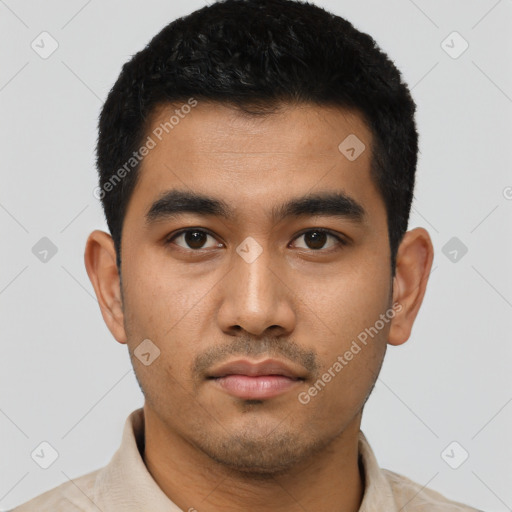 Neutral asian young-adult male with short  black hair and brown eyes