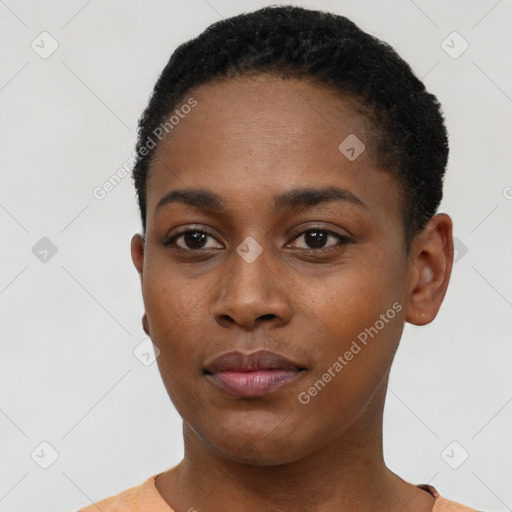 Neutral black young-adult female with short  black hair and brown eyes