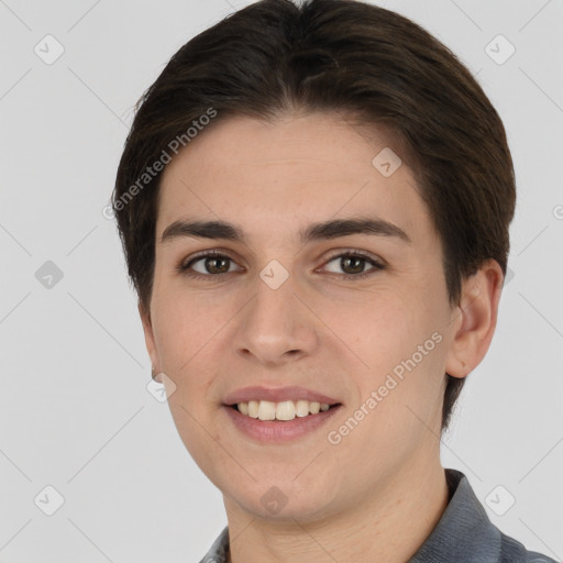 Joyful white young-adult female with short  brown hair and brown eyes