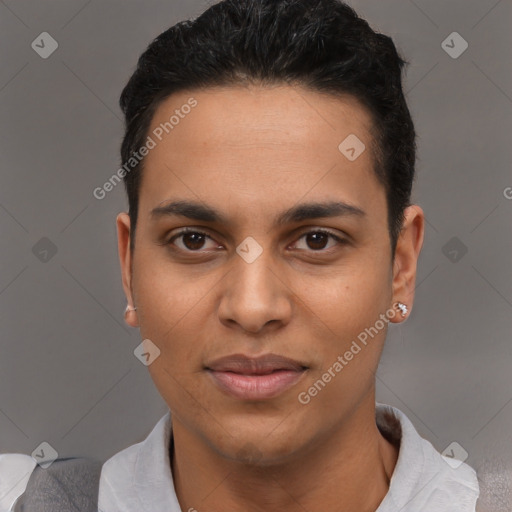 Joyful latino young-adult male with short  black hair and brown eyes