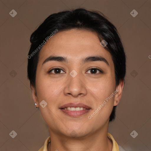 Joyful white young-adult female with short  brown hair and brown eyes