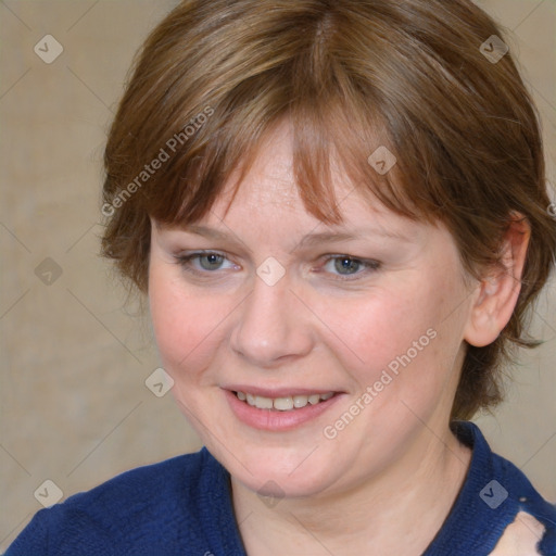 Joyful white young-adult female with medium  brown hair and blue eyes