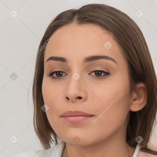 Neutral white young-adult female with medium  brown hair and brown eyes