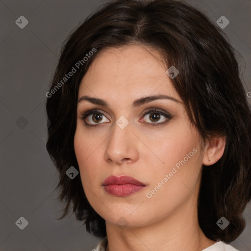 Neutral white young-adult female with medium  brown hair and brown eyes