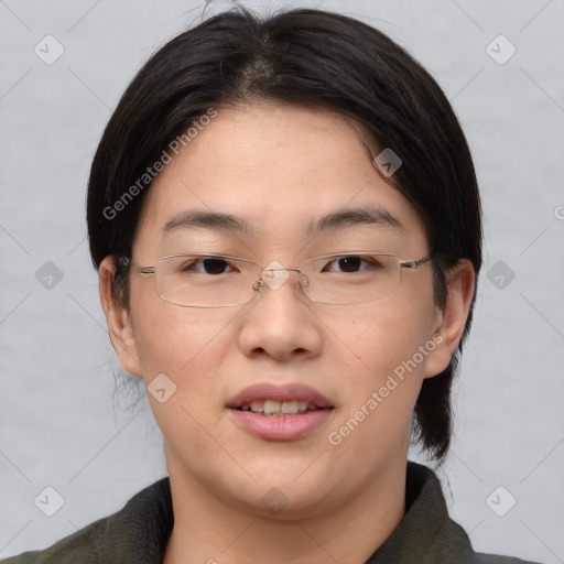 Joyful asian young-adult female with medium  brown hair and brown eyes