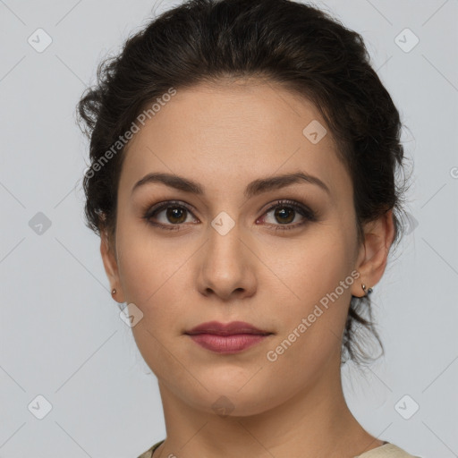 Neutral white young-adult female with short  brown hair and brown eyes