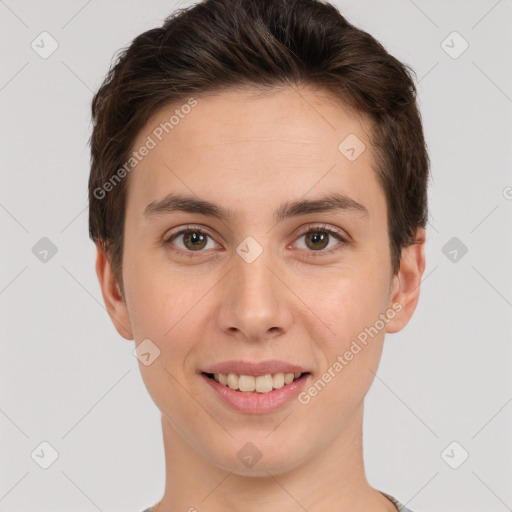 Joyful white young-adult female with short  brown hair and brown eyes