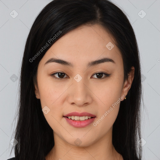 Joyful latino young-adult female with long  brown hair and brown eyes