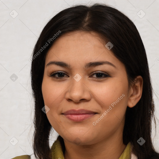 Joyful latino young-adult female with medium  brown hair and brown eyes