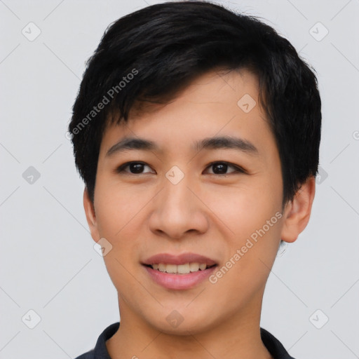 Joyful asian young-adult male with short  black hair and brown eyes