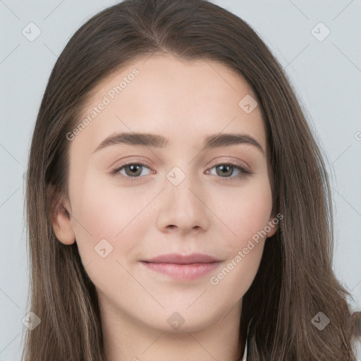 Neutral white young-adult female with long  brown hair and brown eyes