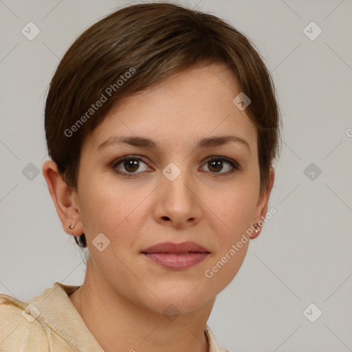 Joyful white young-adult female with short  brown hair and brown eyes