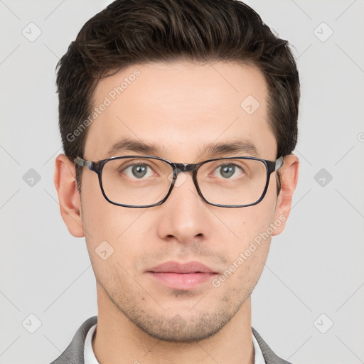 Neutral white young-adult male with short  brown hair and grey eyes