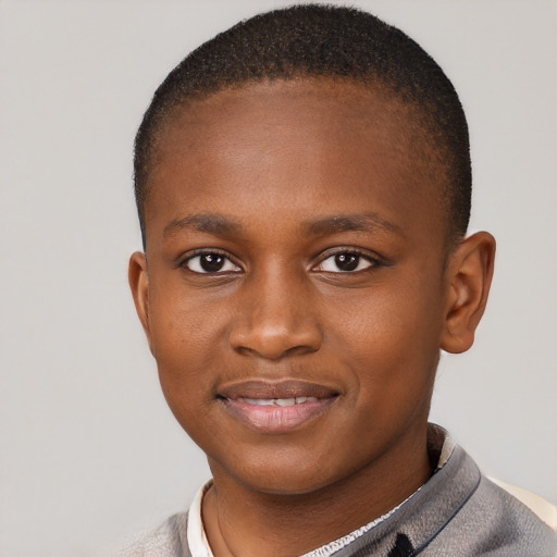 Joyful black young-adult male with short  brown hair and brown eyes
